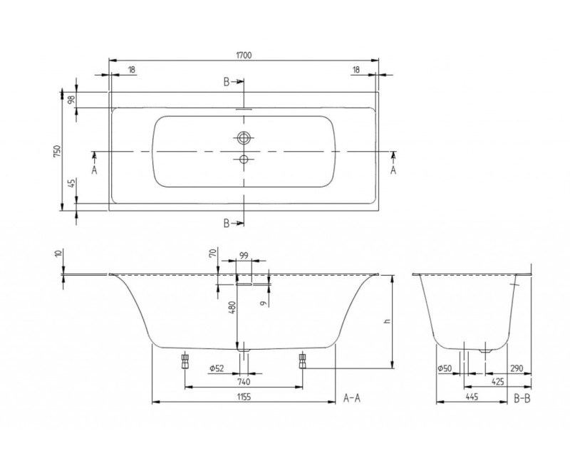Vanna Villeroy & Boch Subway 3.0 170x75cm, Quaryl®, Alpu baltā krāsā UBQ170SBW2TDV-01