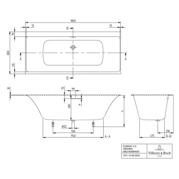 Vanna Villeroy & Boch Subway 3.0 180x80cm, Quaryl, Alpu balta UBQ180SBW2DV-01