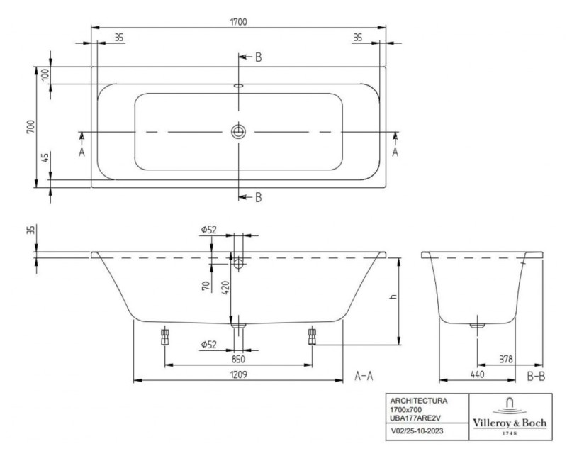 Vanna Villeroy & Boch Architectura Solo, Akrila, 170x70cm, balta UBA170ARE2V-01