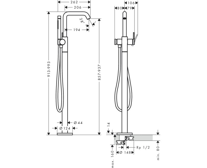 Смеситель для ванны/душа Hansgrohe Tecturis S  напольный 73440000 хром
