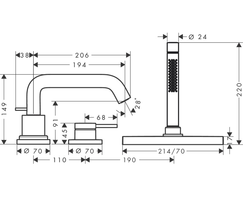 Vannas / Dušas maisītājs Hansgrohe Tecturis S  uz vannas malas ar sBox 73447670 Melns Matēts
