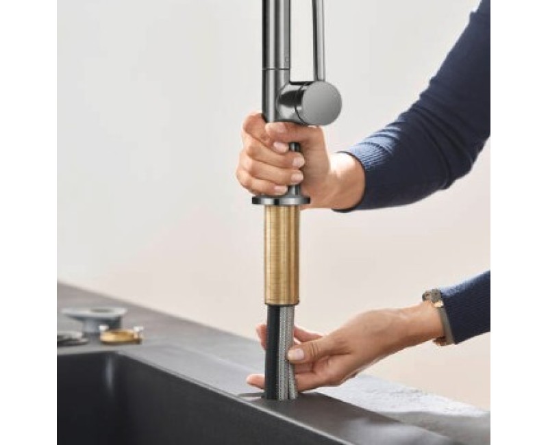 Virtuvinis kranas Hansgrohe Talis M 54 210 su ištraukiamu antgaliu+sBox 2 srauto režimai 72801340 Brushed Black Chrome