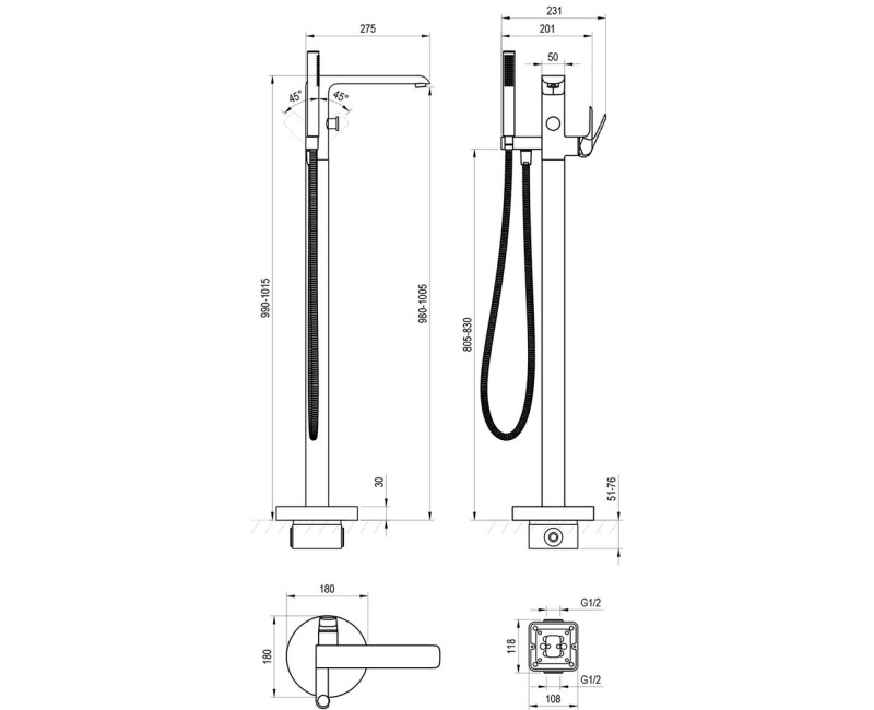 Ravak FL 080.20BL.RB07A Отдельно стоящий смеситель для ванны, черный X070441