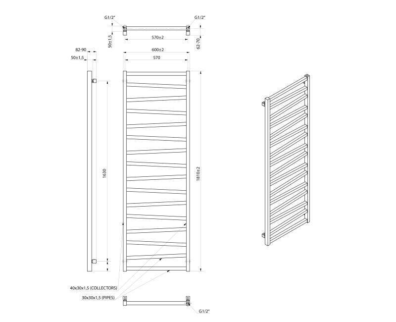 Dvieļu žāvētājs / Radiators Sapho Zig 60x181cm, 824W, melns  ZG619B