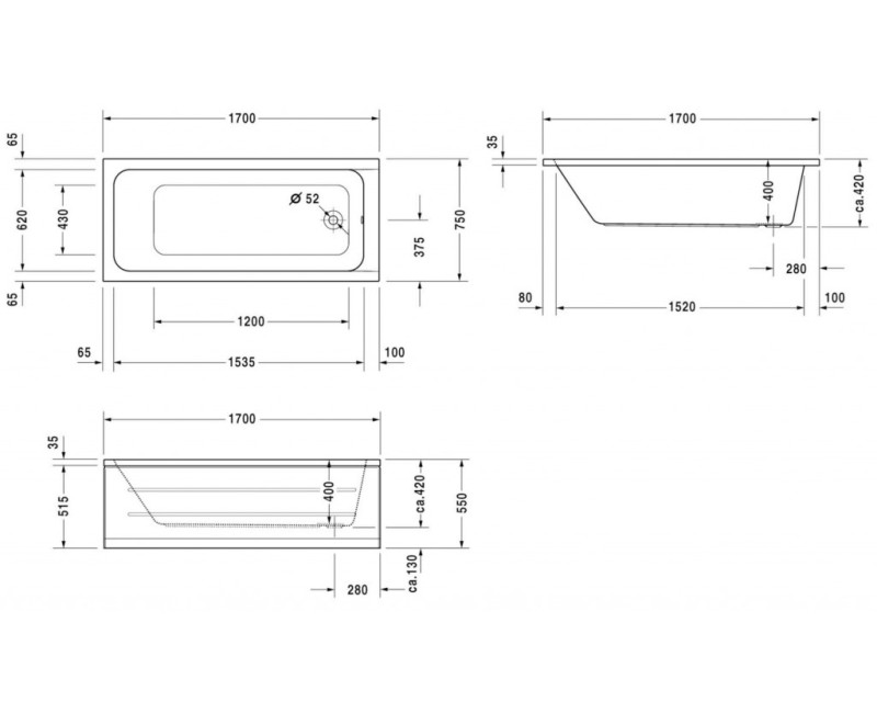 Vanna Duravit D-Code, 170x75cm, akrils, balts 700100000000000