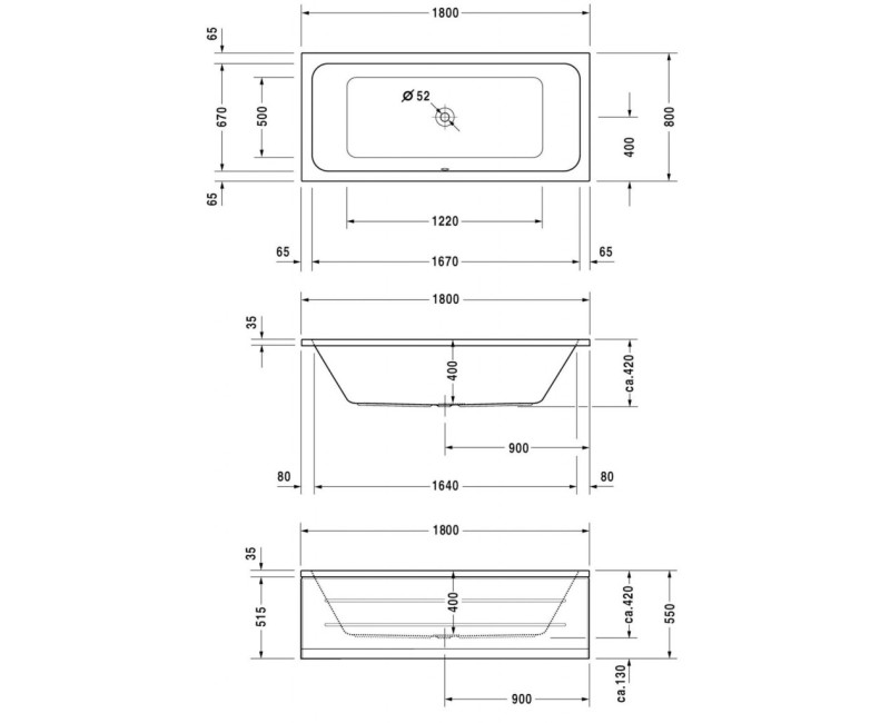 Ванна Duravit D-Code, 180x80см, акрил, белая 700101000000000