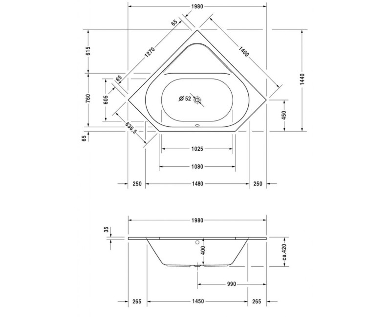 Duravit D-Code vonia, 140x140cm, akrilas, balta 700137000000000