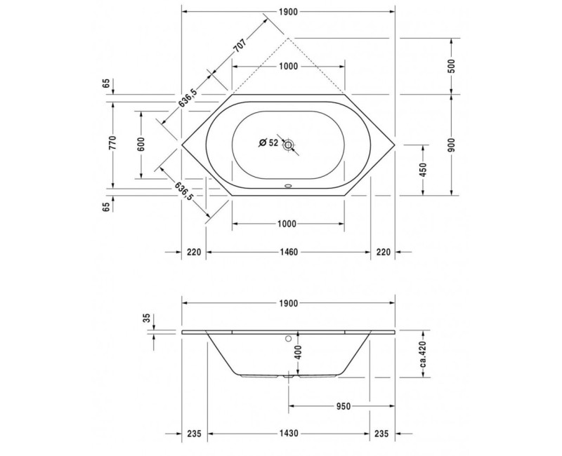 Ванна Duravit D-Code, 190x190см, акрил, белая 700138000000000