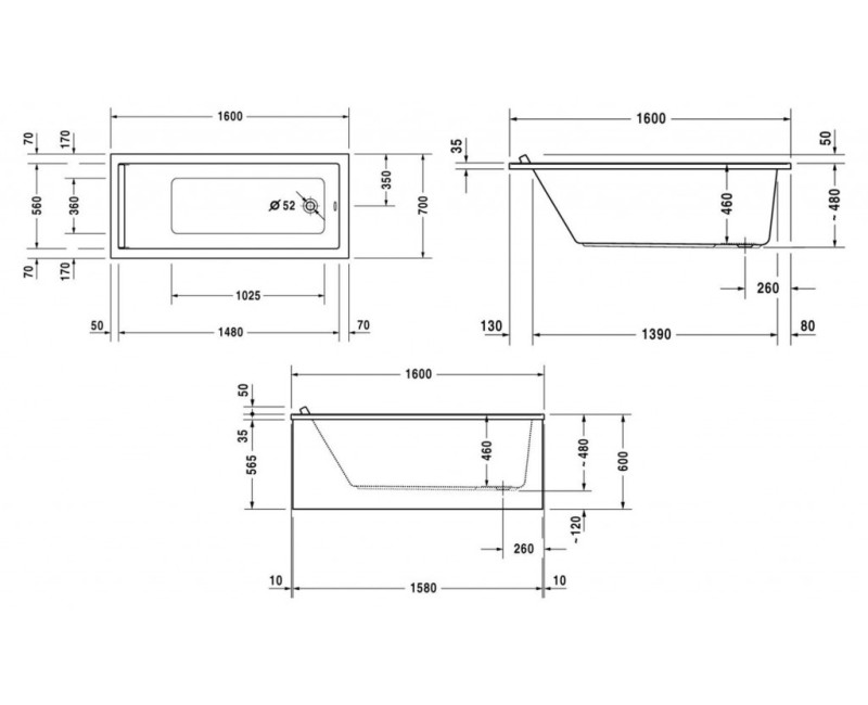 Vanna Duravit Starck, 160x70cm, akrilas, balta 700333000000000