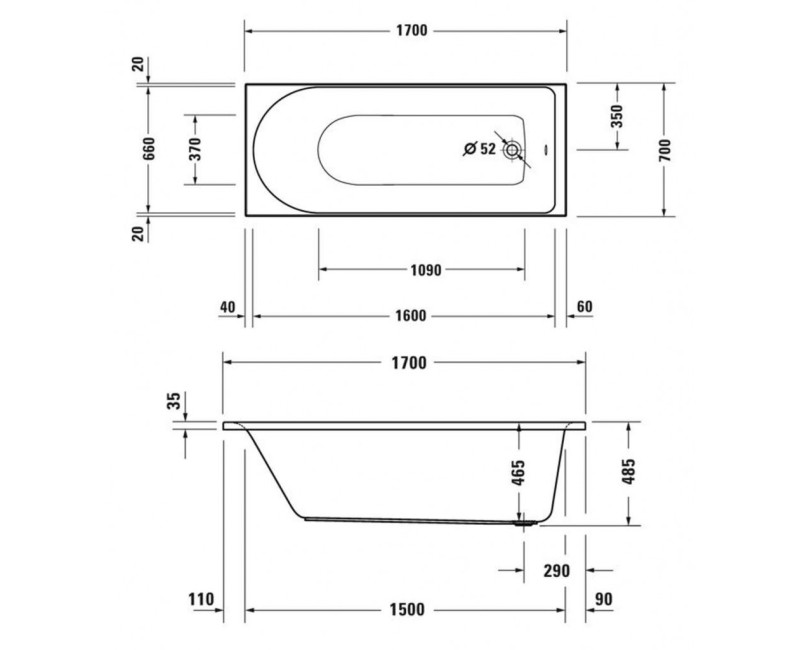 Ванна Duravit D-Neo, 170x70см, акрил, белая 700478000000000