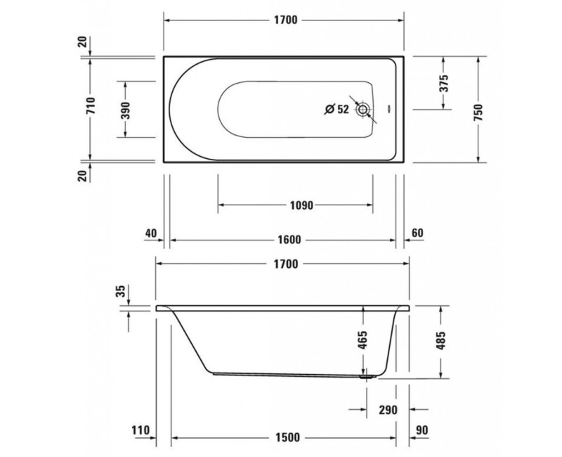 Ванна Duravit D-Neo, 170x75см, акрил, белая 700479000000000