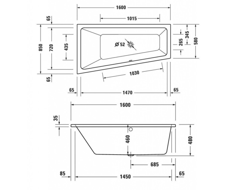 Ванна Duravit No.1, 160x85см, акрил, белая 700506000000000