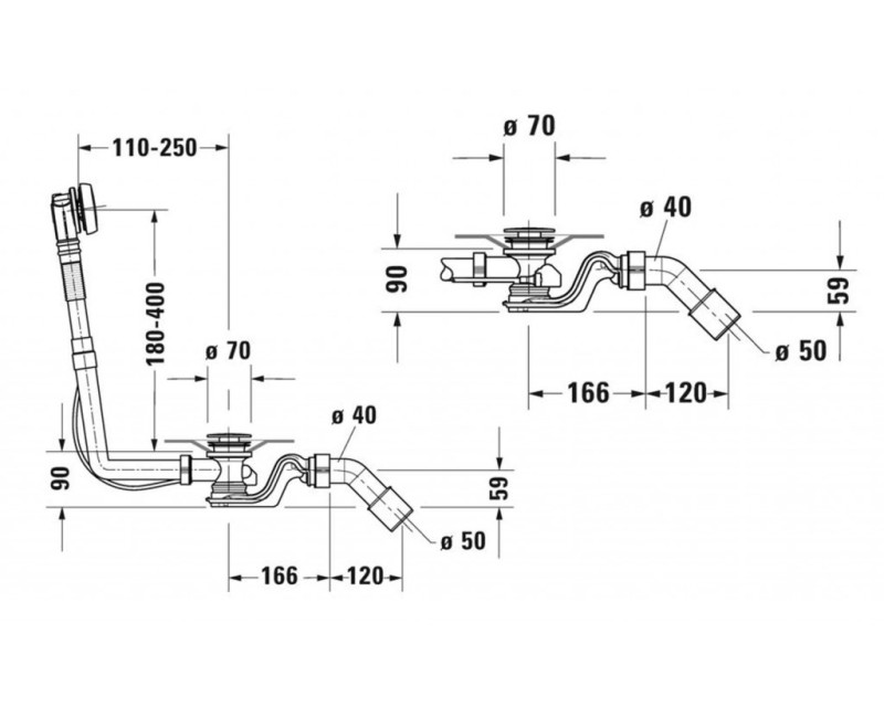 Duravit universāls notekas un pārplūdes komplekts, 520mm, hroms 792200000001000