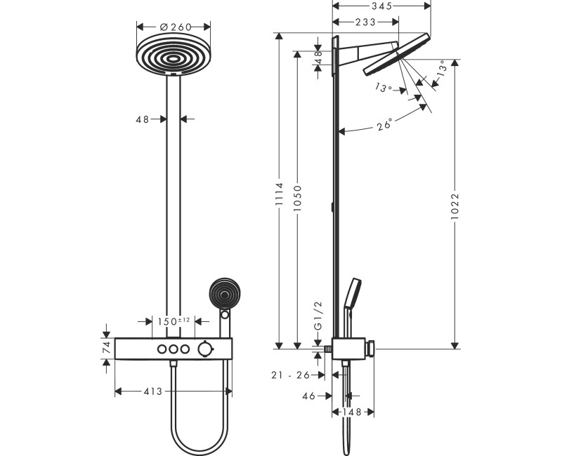 Dušas sistēma Hansgrohe Pulsify 260 2 jet ar termostatu ShowerTablet Select 400, matēta melna