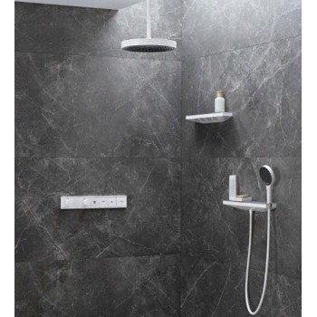 Dušas izvads Hansgrohe Rainfinity Porter 500, labā puse, ar dušas galvas turētāju un plauktu, matēts balts