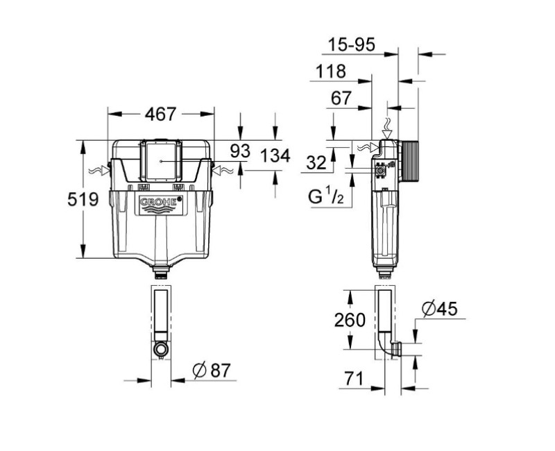 Grohe GD2 paslėptas tualeto bakas, 467x118 mm, h= 780 mm