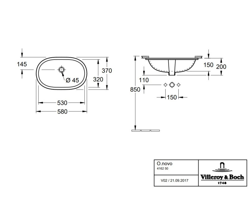 Vannos kambario kriauklė Villeroy & Boch O.novo, 530x320 mm, po stalviršiu, balta