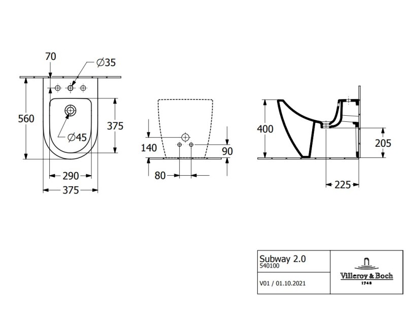 Bidė Villeroy & Boch Subway 2.0, 370x565 mm, balta