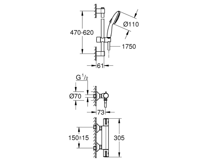 Dušas komplekts Grohe  Grohtherm 800 ar termostatu, 600 mm, hroms