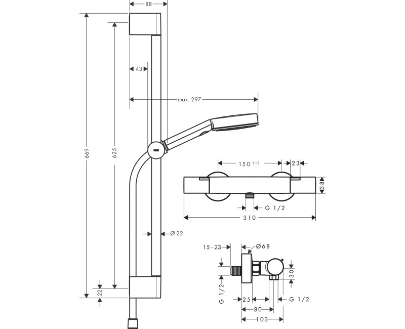 Dušas komplekts Hansgrohe Ecostat Fine ar dušas kompl. Pulsify Select S 105 3jet Relaxation EcoSmart, Hromēta