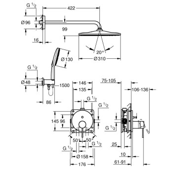 Dušas sistēma Grohe Essence RS Mono 310, iebūvējamā, brushed hard graphite