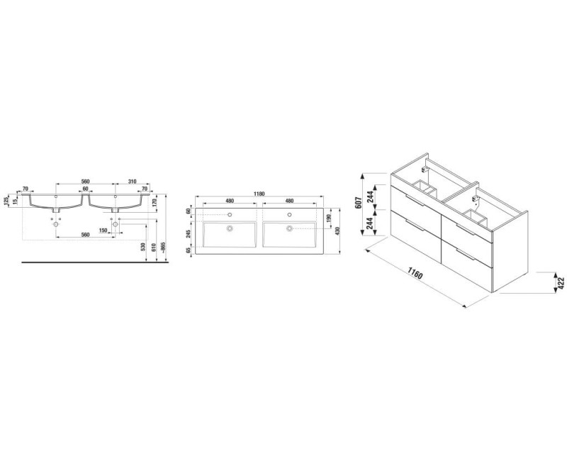 Vannas istabas skapītis ar izlietni Jika Cube, 1200x430 mm, h=607 mm, 4A, balts