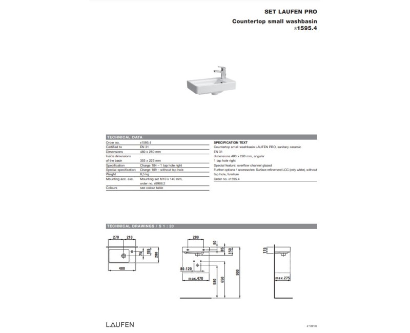 Раковина для ванной Laufen Pro S, 480х280 мм, отверстие под смеситель справа, белая