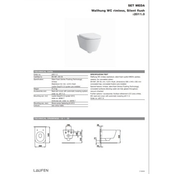 Подвесной унитаз Laufen Meda Rimless, без крышки 360 x 540 мм, бесшумный смыв, белый