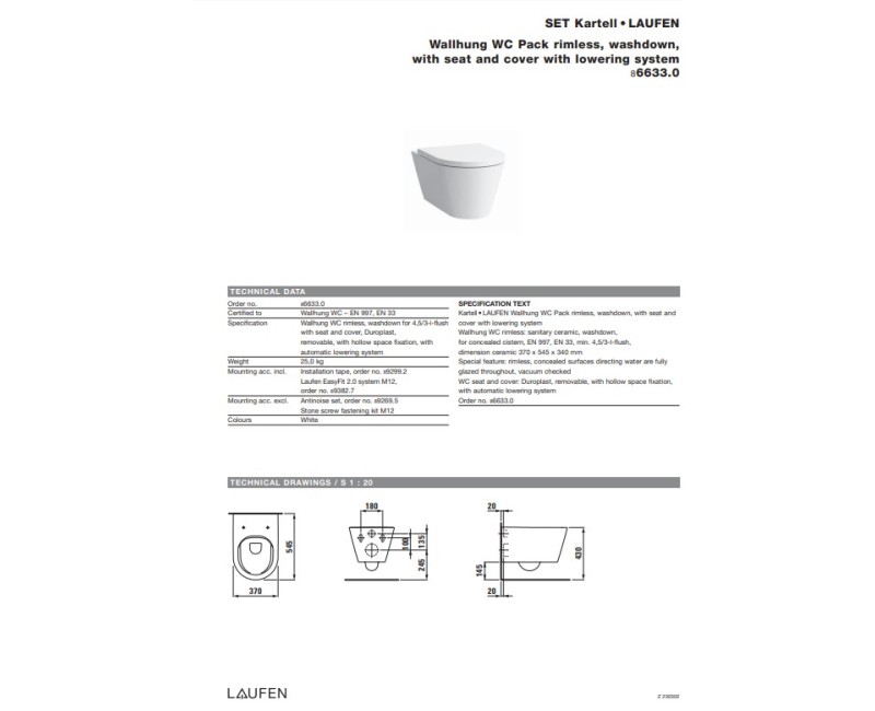 Подвесной унитаз Laufen Kartell Rimless NEW, 370x545 мм, Без крышки белый LCC