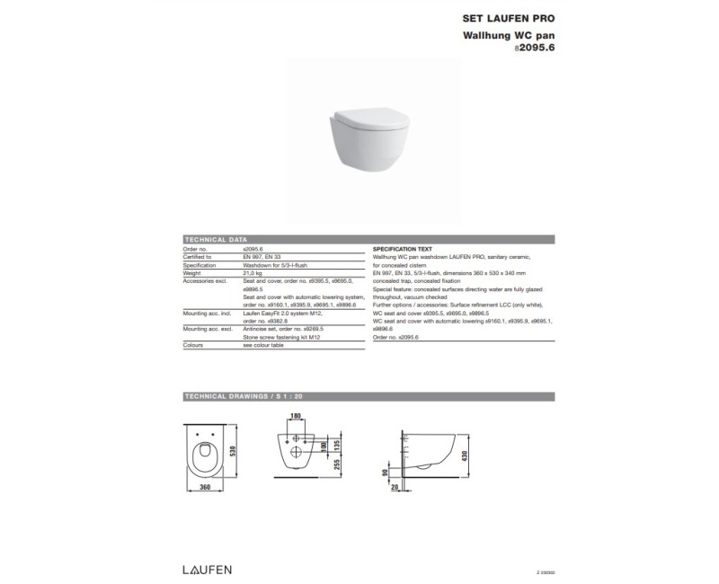 Подвесной унитаз Laufen Pro, настенный, 360x530 мм, белый