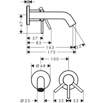 Vannas istabas izlietnes maisītājs Hansgrohe Tecturis S virsapmetuma daļa, 2 caurumu, no sienas, iztece 165 mm, Brushed Bronze