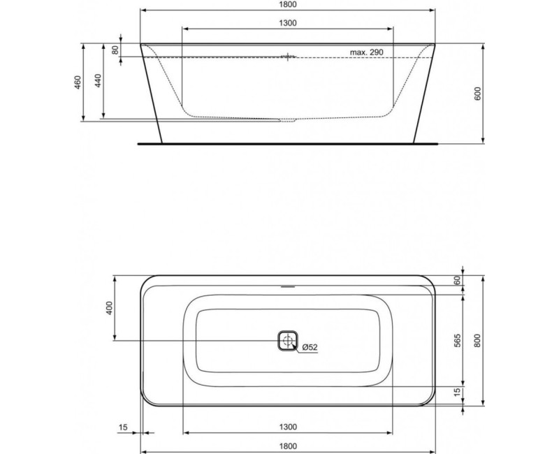 Brīvi stāvoša Vanna Ideal Standard Tonic II, 180x80 cm, lietā akrila, balta E398201