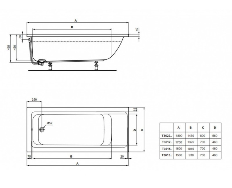 Vanna Ideal Standard Connect Air, 170x70 cm, akrila, balta T361701