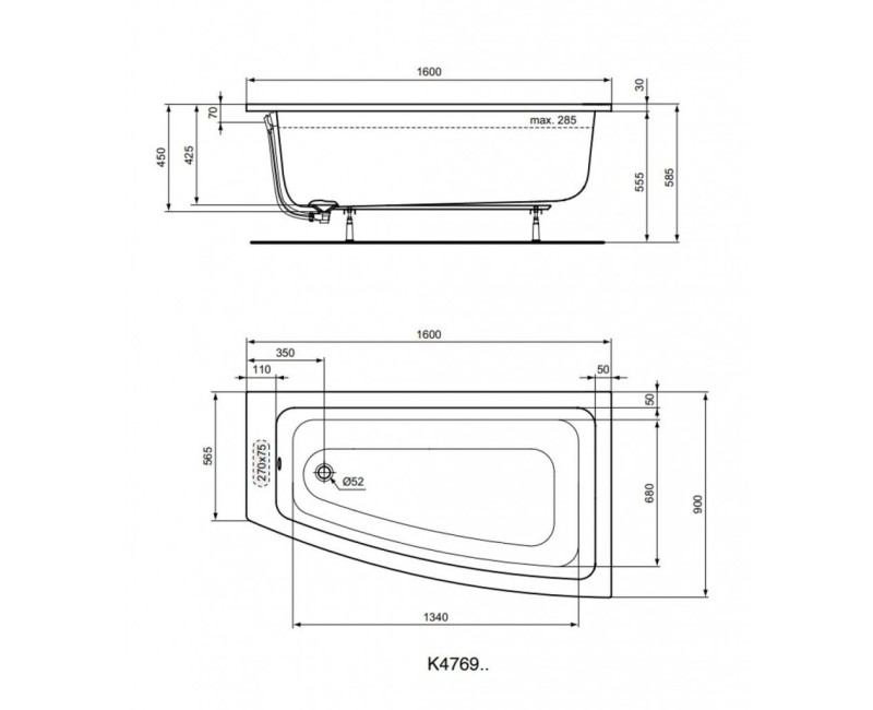 Vanna Ideal Standard i.Life, 160x90 cm, akrilo, dešinė, balta T476901