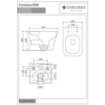 Подвесной унитаз Omnires FONTANA, без ободка, с крышкой SoftClose, глянцевый белый, FONTANAMWBP