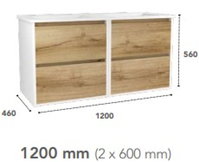 Vannas istabas skapītis OZE BIRDIE (bez izlietnes) 2x600mm Balta / Golden Oak
