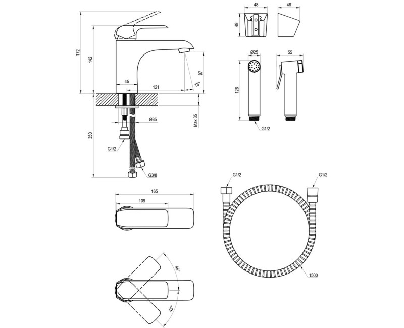 Izlietnes maisītājs Ravak Flat FL 112.20BL ar Bidetta 150 mm with bidet shower, melns