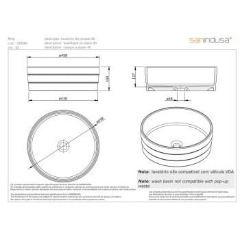 Vannas istabas izlietne Sanindusa Ring 45 uzliekama 45cm, Balta / Zelta 109390B24