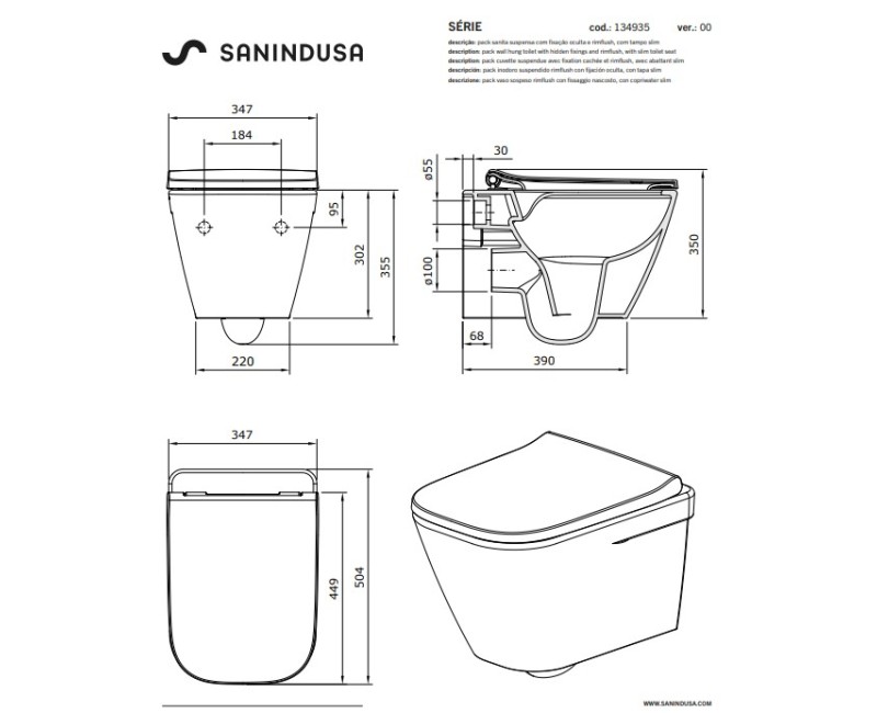 Piekaramais Tualetes Pods Sanindusa Look Rimfree ar Soft Close Easyclip Slim vāku, Balts