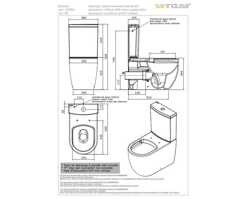 Унитаз Sanindusa Sanibold Rimfree с крышкой Soft Close Easyclip, Белый
