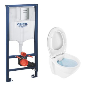 Tualetes poda komplekts Grohe Rapid SL ar Cetus 52 Rimfree podu, Soft Close easyclip vāks, Hromētu poga Skate Cosmopolitan