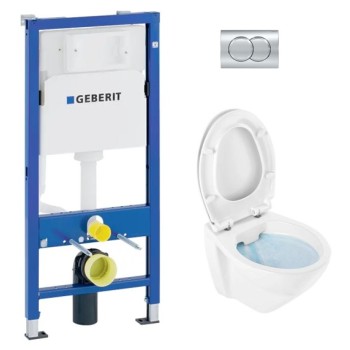 Tualetes poda komplekts Geberit Duofix ar Sanindusa Cetus 52 Rimfree podu, Soft Close easyclip vāks, Hromētu poga Delta01