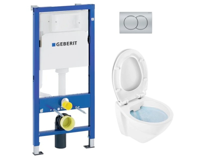 Tualetes poda komplekts Geberit Duofix  ar Sanindusa Cetus 52 Rimfree podu, Soft Close easyclip vāks, Hromētu matēta poga Delta01