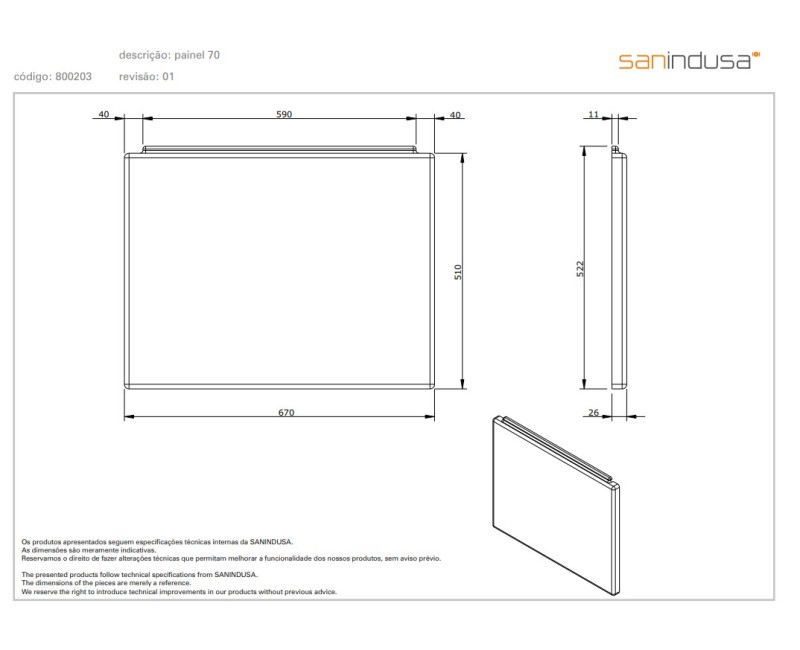 Vannas panelis Sanindusa Prestige 70cm Balts