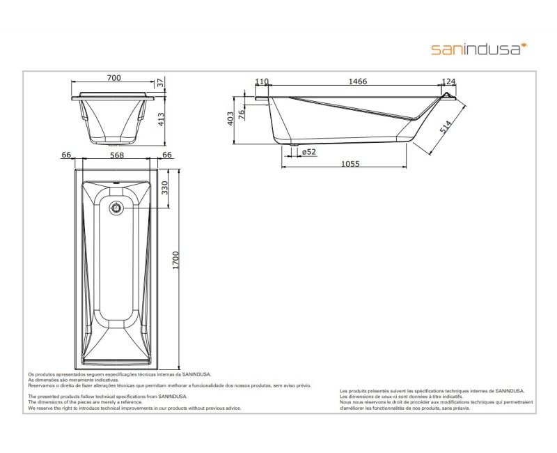 Ванна Sanindusa Easy 170x75см на ножках, Белый