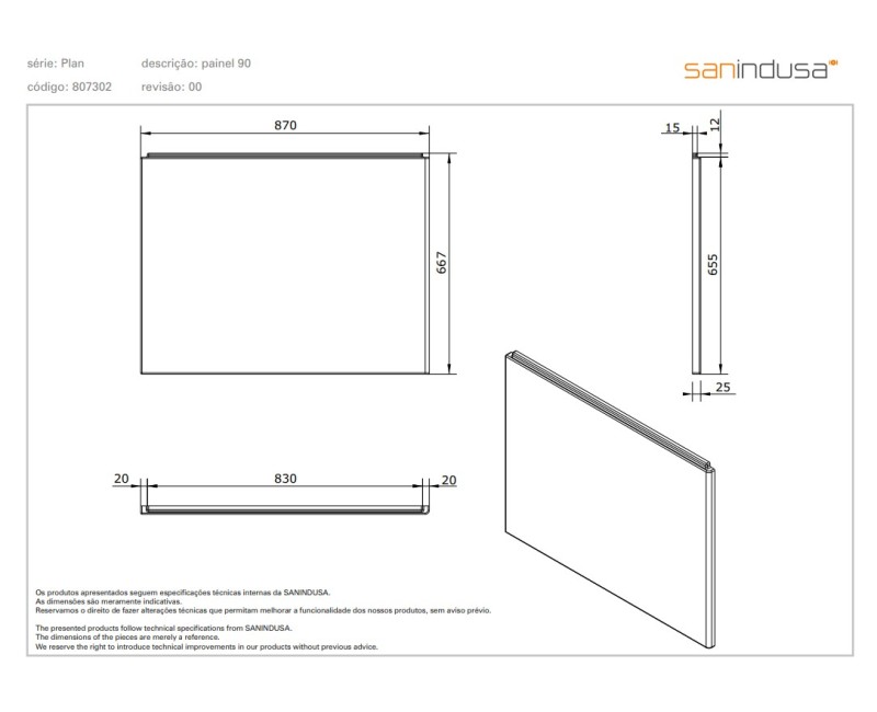 Vannas panelis Sanindusa Plan 90cm Balts