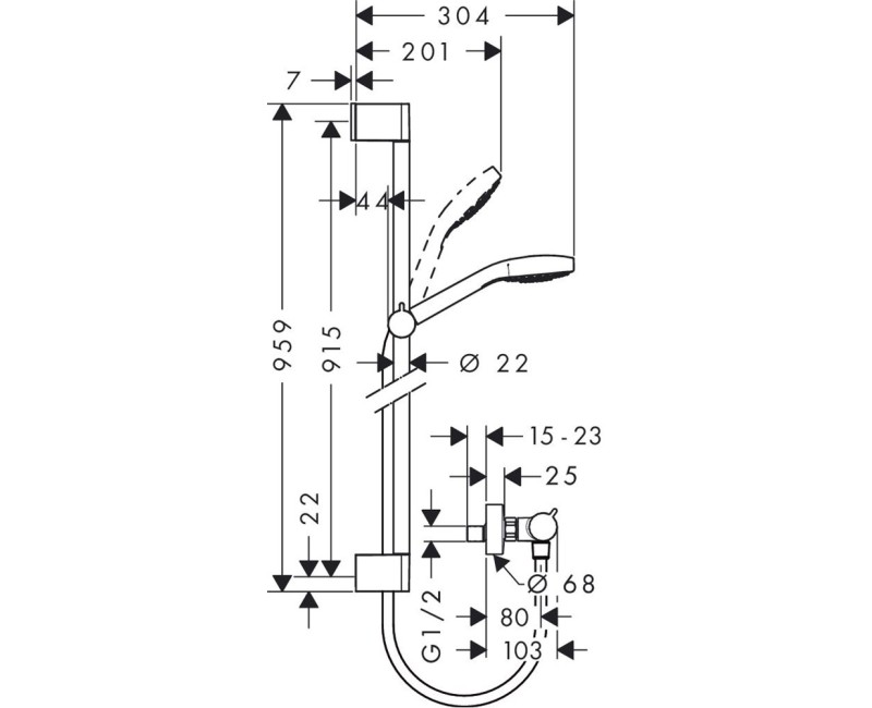Dušo komplektas Hansgrohe Croma Select E Vario su dušo stovu 0.90m ir termostatu, baltas/nikeliuotas