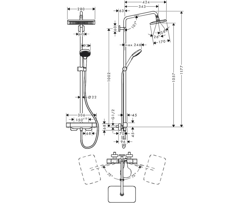 Душевая система Hansgrohe Croma E 280 1jet с термостатом, хром