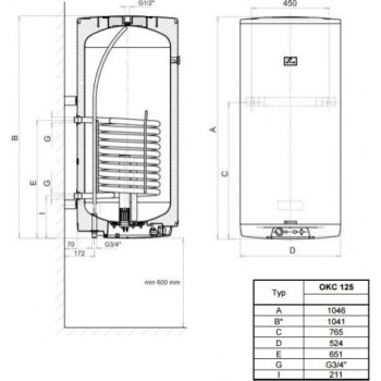Kombinētais ūdens sildītājs (Boilers) Dražice OKC-125L/1m2 vertikāls