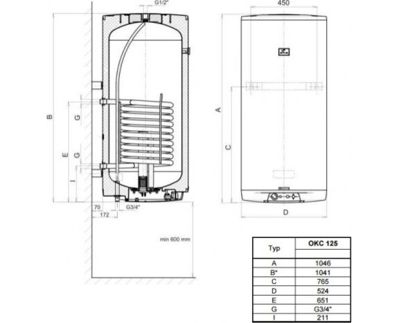 Kombinētais ūdens sildītājs (Boilers) Dražice OKC-125L 2kW 9kW vertikāls